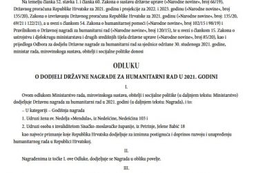 Udruga “Mendula” dobitnica je Državne nagrade za humanitarni rad u 2021.g., najvećeg priznanja RH dodijeljenog za iznimna postignuća i doprinos razvoju i unapređenju humanitarnog rada